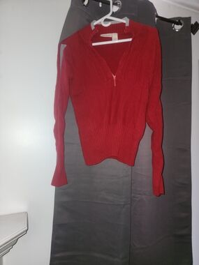 DKNY Red Ribbed V-Neck Half-Zip Sweater